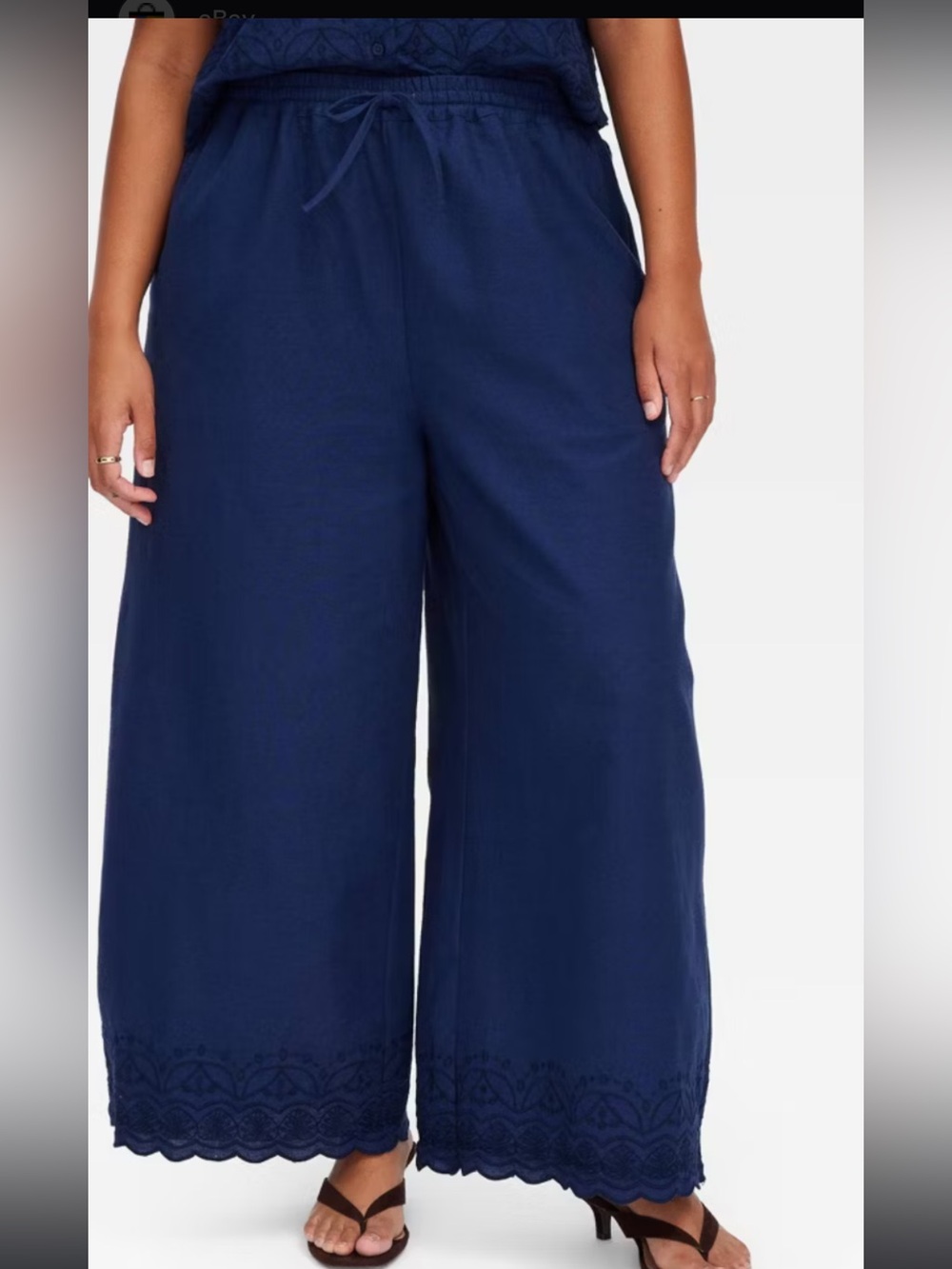 Roller Rabbit Navy Wide-Leg Embroidered Hem Pants